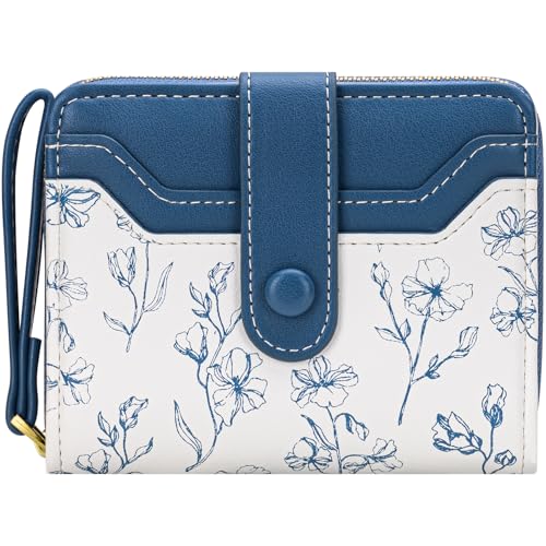 Image of BIAOTIE Wallet for Women Cute Floral Flower Wallet RFID Credit Card Holder Purse Small Bifold Zipper Coin Pocket Purse with ID Windows (Marine Blue)