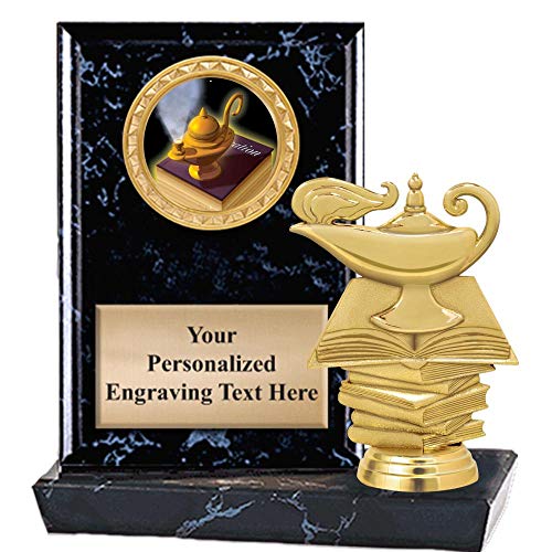 Crown Awards 6"X6" Lamp of Learning Lamp and Book Plaque Award, Lamp of Learning Trophy with Custom Engraving, Prime