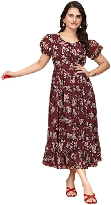 - Women's Georgette Dresses Floral Printed One Piece Stylish Long Maxi Western Frock Midi Dress for Women (Puffed Sleeves) for Gals