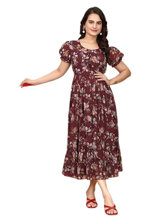 Image of Women's Georgette Dresses Floral Printed One Piece Stylish Long Maxi Western Frock Midi Dress for Women (Puffed Sleeves) for Gals