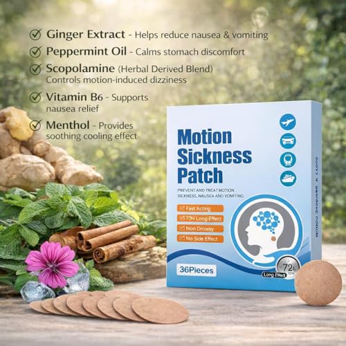 Image of Motion Sickness Patch 36PCS | Scopolamine patches for motion sickness | vomiting patches | Natural Herbal Anti-Nausea & Dizziness Relief Stickers | Waterproof Car, Sea & Air Travel Sickness for Adults & Kids (36 Piece)