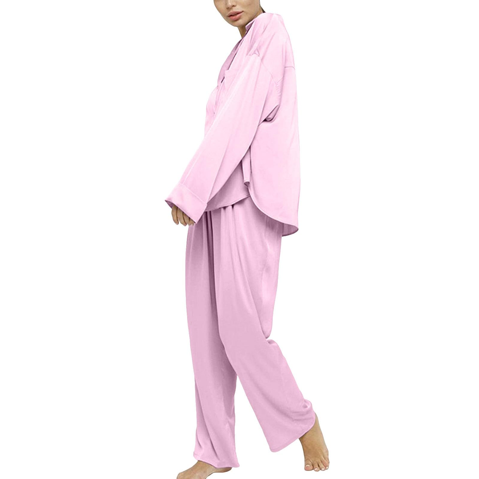Womens Pajama Sets 2024 Satin Silk Soft Loungewear V Neck Comfy Pj Sets Loose Nightwear Long Sleeve Home 2 Piece Sleepwear
