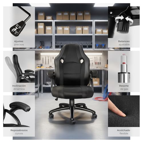 tectake® Silla Gaming, Silla Oficina Ergonómica, Reposabrazos, Ajustable Altura, Silla Estudio, Gaming Chair, Asiento Gamer, Sillón Gaming, Ergonómico, Mecanismo Basculante, Giro 360 - Negro/Negro - imagen 8
