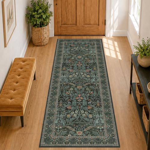 Washable 8ft Long Hallway Runner Rug, 2'6"x8' Kitchen Runner Rugs Non Skid, Non Slip Wide Carpet Runners for Entryway, Bathroom, Low Pile Soft Vintage Dark Floral Floor Decor (Dark Green)