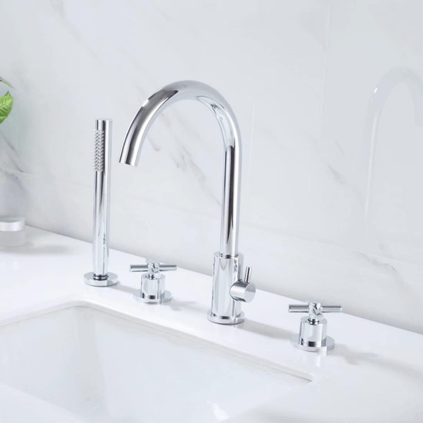 Bath Mixer Taps With Shower Cross Handle 4 Hole Bath Mixer Tap With Hand Shower Gooseneck 4 Holes Tub Tap For Bathroom Brushed Gold(Chrome)