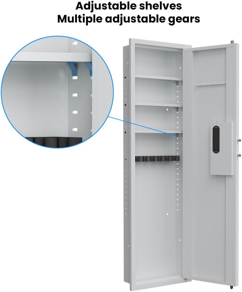 53" Fingerprint Touch Panel Safe Heavy-Duty Steel Hidden Wall Gun Safe with Adjustable Shelves, Multifunctional Storage for Firearms & Valuables, Retractable Handle, 16” Stud Center Fit (White)
