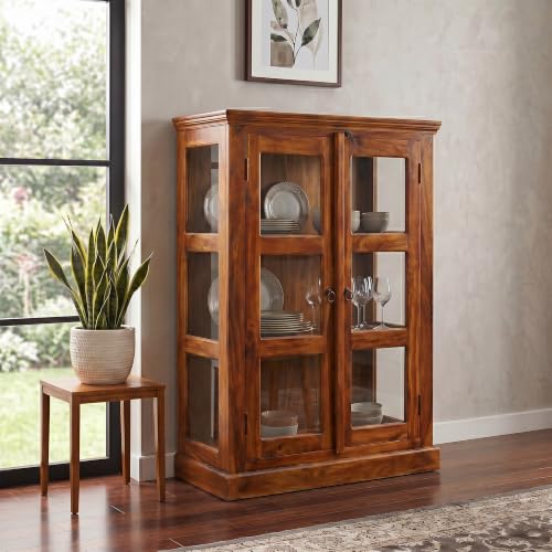 Image of SONA ART & CRAFTS Sheesham Wood Wooden Crockery Cabinets with Glass Door | Wooden Showcase Almirah | Book Shelf Crockery Unit for Home & Kitchen Living Room - (Medium)