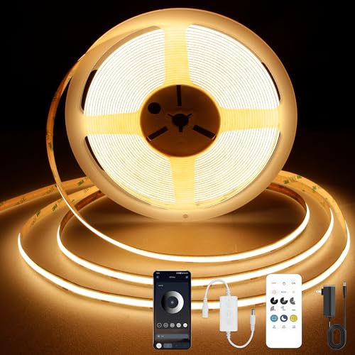 Image of COB LED Strip Light 2700K, 24ft Dimmable Warm White LED Strip Light, CRI92+, DC24V Tape Light with RF Remote Timer Function, Bluetooth App Control for Home Bedroom Kitchen DIY Lighting.