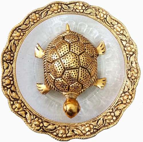 S,S Store Metal Handicrafts Metal Feng Shui Tortoise On Plate Showpiece for Good Luck (Golden, Diameter: 5.5 Inch)