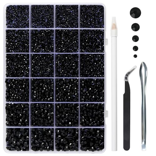 Image of Hotfix Rhinestones Kit,Black, Mixed 5 Sizes 14400pcs | Hot Fix Crystals, for Bedazzling Clothes Crafts, with Wax Pencil,Tweezers and Spoon,SS6-SS30