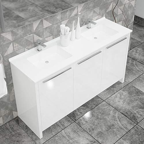 Casa Mare 63 inch Wood Double Sink Bathroom Vanity in White | Pre-Assembled | Acrylic Countertop | Soft Closing Doors | Chrome Handles | Modern European Freestanding Cabinet | Undermount Dual Sink