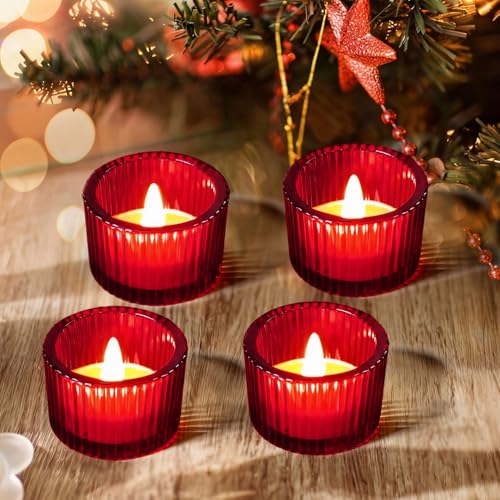 JOYIT Red Votive Candle Holders 4 Pack Glass Tealight Cups