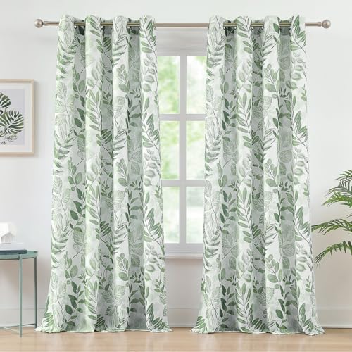 Image of Green Leaf Light Filtering Window Curtains, 55 inch Wx84 Lx2 | Leaves Botanical Pattern, Linen Blend Semi Sheer Panels, Grommet Top, Natural Texture Privacy Drapes for Living Room Bedroom