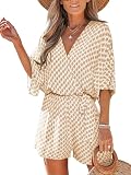 CUPSHE Damen Jumpsuit V Ausschnitt Kurzarm Strampler Paisley Weites Bein Kurz Overall mit Gürtel Casual Lose Playsuit Boho Khaki L