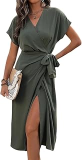 Tomwell Summer Dress Women's Short Sleeve Elegant Dresses Summer V-Neck Wrap Dress Plain Blouse Dress