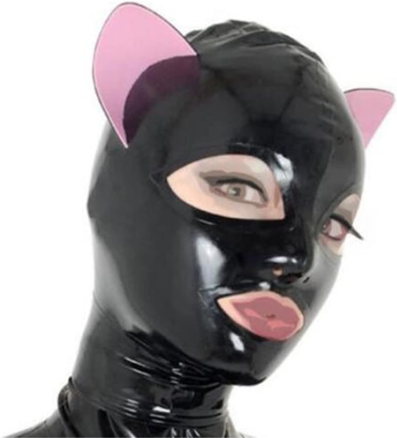 Black Latex Hood with Pink Cat Ears Back Zipper Open Eyes Mouth Rubber Mask Cosplay Club Wear Costume