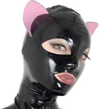 Black Latex Hood with Pink Cat Ears Back Zipper Open Eyes Mouth Rubber Mask Cosplay Club Wear Costume