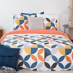 Beddengoed met dekbedovertrek 220 x 240 cm + 2 kussenslopen 63 x 63 cm, beddengoed voor 2 personen, geometrisch, roze, blauw en geel, 100% katoen
