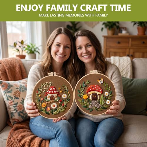 Image of Santune 3 Pack Embroidery Kit Cross Stitch Needlepoint Kits for Beginners Adult Needle Point Sets with Mushroom & Horse Embroidery Patterns, Includes Step-By-Step Instructions & Accessories