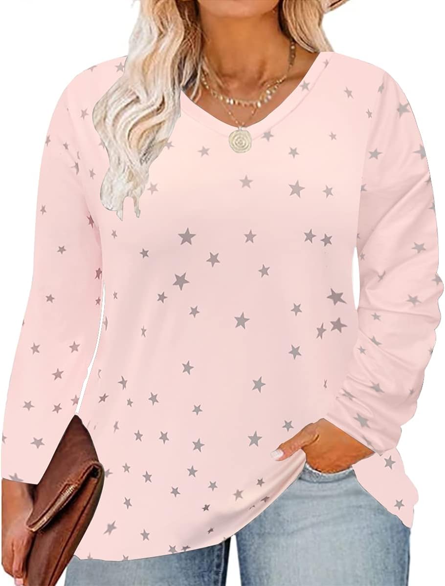Womens Plus Size Tops Long Sleeve Shirts V Neck Tunic Floral Blouses XL-5X