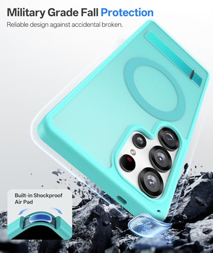 Image of Vihibii PC,Silicone for Samsung Galaxy S25 Ultra Magnetic Back Cover with Kickstand,Compatible with Magsafe & Rugged Shockproof Protective Back,Translucent Matte Phone Case for S25 Ultra 2025,Teal