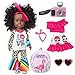 XFEYUE Black Doll 14.5 inch Baby Girl Doll Clothes and Accessories African American Doll Washable Realistic Silicone Girl Doll-with Glasses, Camera and Backpack. Best Gift for Kids Girls
