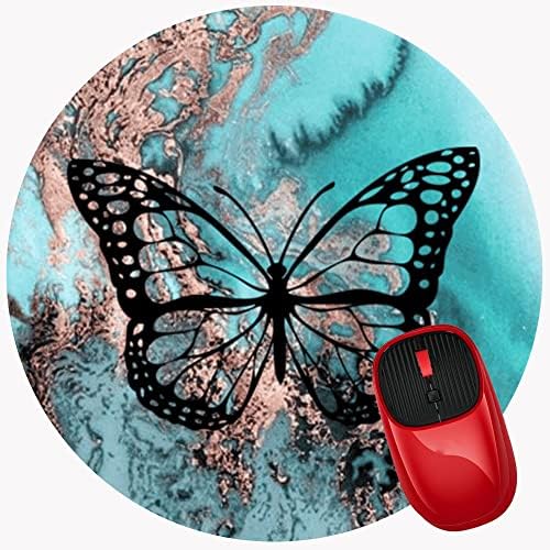 Mouse Pad Black Butterfly Teal Rose Gold Marble, Premium-Textured Mouse Mat with Non-Slip Rubber Base, Cute Round Mousepad for Laptop Computer Office Desk Accessories,7.9 inch image 4