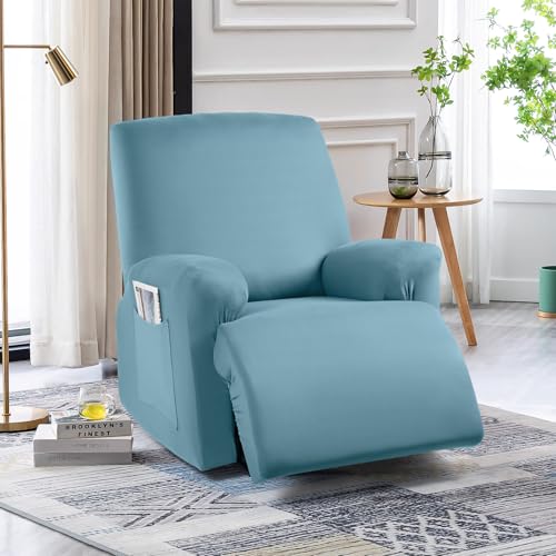 Image of TAOCOCO Stretch Recliner Chair Covers 3-Pieces Solid Furniture Covers Recliner Cover for Reclining Chair Slipcovers Feature Fitted Soft Washable Recliner Sofa Covers (1 Seat, Aqua Blue)