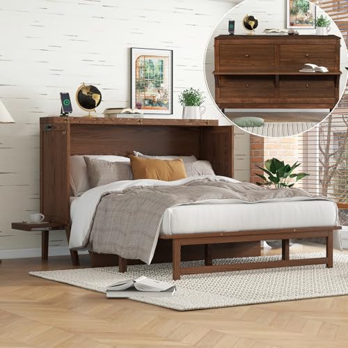DNChuan Queen Size Murphy Cabinet Bed with Desk Combo, Foldable Platform Bed with 2 Storage Removable Shelves and USB-Port, Space Saving for Small Room, No Box Spring Required, Walnut