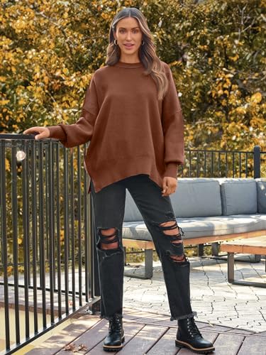 Image of LILLUSORY Women's Oversized Batwing Sweaters 2026 Fall Outfits Trendy Crewneck Knit Side Slit Fashion Pullover Tops