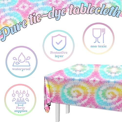 Image of CMUSKO Tie Dye Tablecloth, 3Pcs Tie Dye Birthday Party Decorations Plastic Table Cloths Rectangle Rainbow Table Cover for Colorful Birthday Baby Shower Picnic Dining Party Decor, 108x180cm