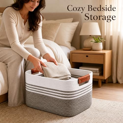 Image of Cotton Rope Laundry Basket Extra Large, 22.8GAL Collapsible Woven Storage Baskets for Living Room Kids Toys Stuffed Animal,Boho Rectangular Decorative Hamper for Dirty Clothes, Blankets Dark Brown