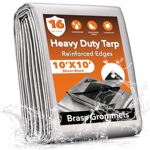 10x10FT Waterproof Tarp, Yumatum 16 Mil Heavy Duty Tarps with Reinforced Edges/Brass Grommets, 100% UV Blocking/Tear Resistant Poly Tarp for Camping, Patio, Tent, Boat(Silver/Black)