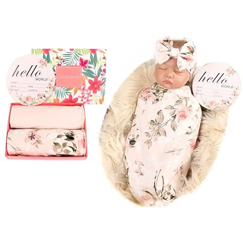 Galabloomer Receiving Blanket Headband Set Flower Print Baby Swaddle Receiving Blankets Vintage Rose