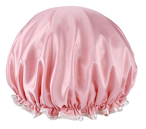 LyneeRan Waterproof Shower Cap, Double Layers Bath Cap for Women,Reusable Spa Cap(cherry pink)