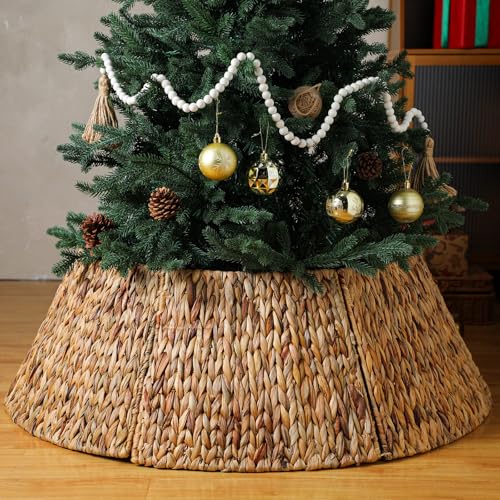 Hollowfly Mini Christmas Tree Collar Woven Hyacinth Tree Skirt Rustic Farmhouse Xmas Trees Stand Base Cover Boho Christmas Trees Ring for Xmas Decorations(42 Inch)