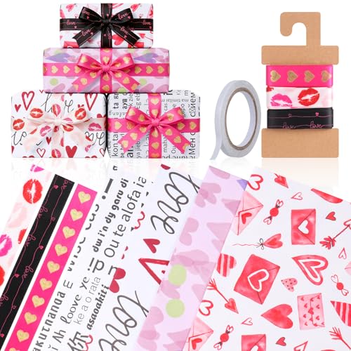 Hearts Wrapping Paper | 4 Sheets Birthday Gift Wrap Paper Set with 3 Ribbon | Eco Friendly Recyclable Valentines Gift Wrap for Anniversary Wedding Birthday Valentines Day Husband or Wife