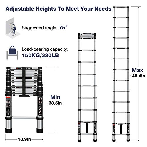 Augtarlion 12.5 FT Telescoping Ladder, Aluminum Collapsible Ladder with Locking Mechanism, Heavy Duty 330lbs Load Capacity Extension Ladder, Multi-Purpose Compact Ladder for Household Or Outdoor Work