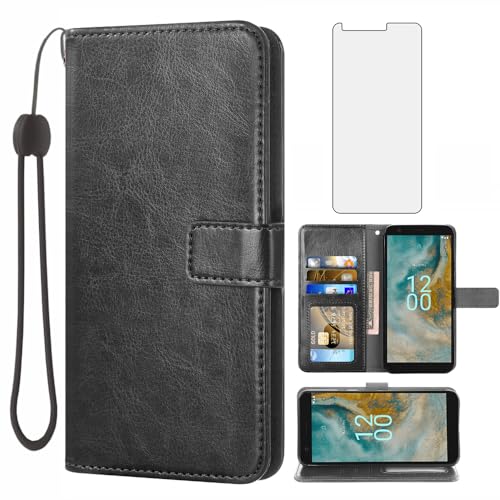 Nokia C02 étui portefeuille en cuir noir avec porte-cartes et protection écran