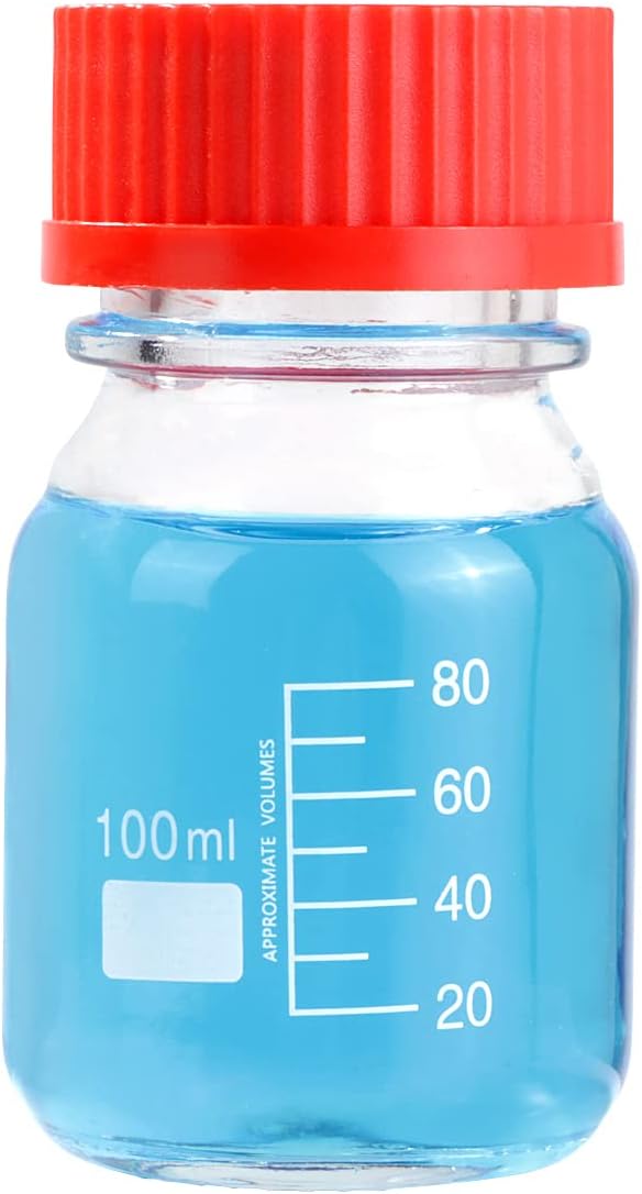 Pastein20 Pieces 100 mL Graduated Round Reagent Media Bottle Storage Glass Bottle with GL45 Red Screw Cap
