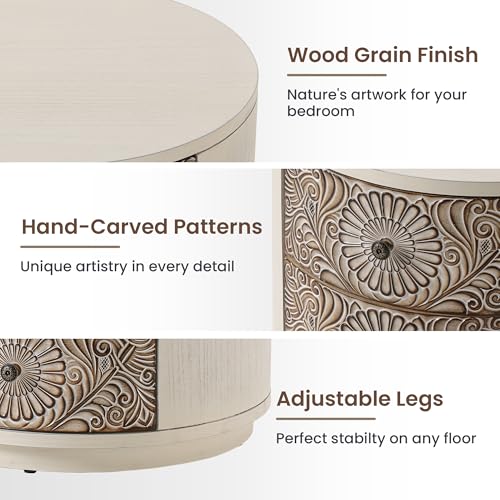 Image of HOMPUS Round End Table with Carved Floral Pattern, Vintage Nightstand w 3 Storage Drawers, Modern 3 Drawer Dresser, Wood Retro Accent End Table for Living Room, Bedroom, Distress White