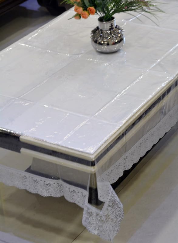 PVC 4-6 Seater Transparent | Premium | Durable Dining Table Cover/Linen with Lace (Silver) (Polyvinyl Chloride - PVC) Rectangular - Pack of 1