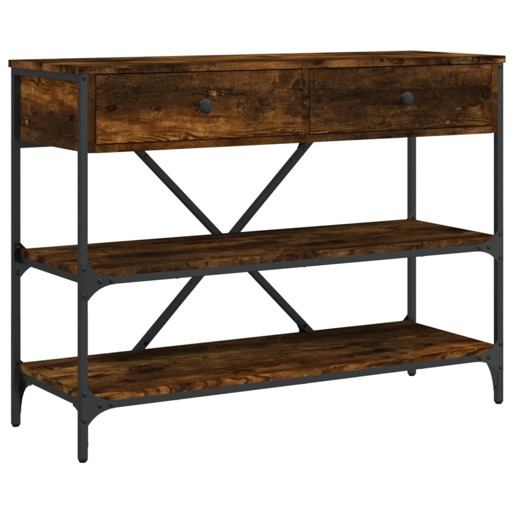 Mesa consola clásica de madera con estructura de acero, 2 cajones y estantes para almacenamiento, mesa auxiliar para salón y pasillo