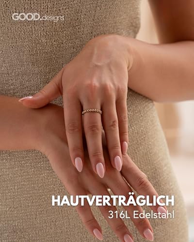 GD GOOD.designs Antistress Ring aus Edelstahl Perlen 3mm | Elastische Anxiety Rings in 18K Roségold - Wasserfeste roségoldene Perlenringe Damen | Ringgröße 54-60