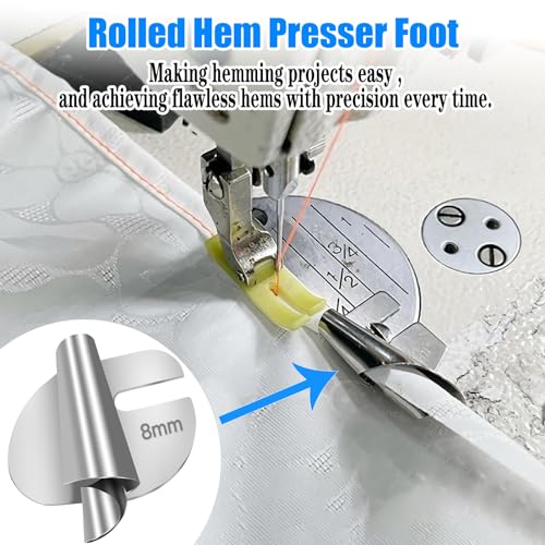 Image of TOOVREN Sewing Rolled Hemmer Foot 8PCS Rolled Hem Presser Foot 3 /4 /5 /6 /7 /8 /9 /10mm 8 Sizes Wide Rolling Hem Foot Sewing Machine Presser Feet Hemmer Home Industrial Curved Scroll Hemming Feet