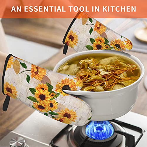 Vintage Yellow Sunflower Floral Oven Mitts, Heat Resistant Non-Slip Waterproof With Soft Cotton Lining Gloves For Kitchen Cooking Baking Bbq(2Pcs) #TOP3