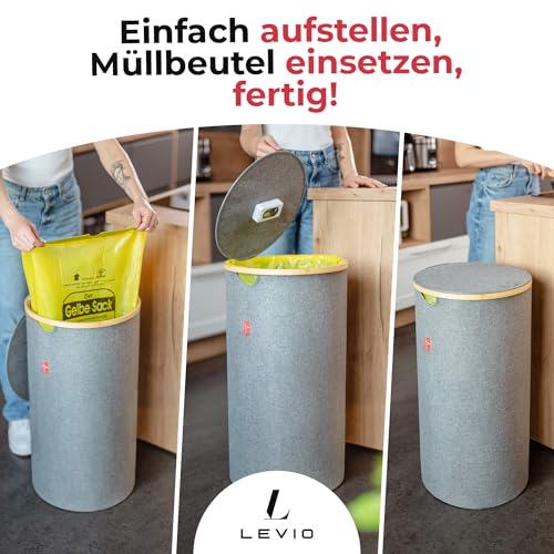 Levio® Gelber Sack Ständer mit Deckel – Müllsackhalter & Müllsackständer [80L mit Geruchsfilter] – Mülleimer Gelber Sack Indoor – Stabiler Ständer für Gelben Sack – Gelbe Säcke Behälter (Grau)