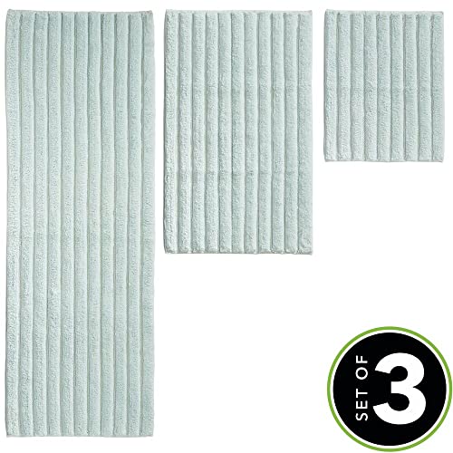 Mdesign 100% Cotton Luxury Rectangular Spa Mat Rugs, Plush Water Absorbent - For Bathroom Vanity, Bathtub/Shower, Machine Washable - Ribbed Design - Runner, Standard & Small Rug, Set Of 3 - Water Blue #TOP1