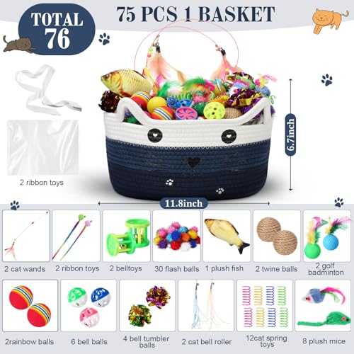 Zopeal 76 Pcs Cat Storage Basket Gift Toys Set, Interactive Cat Toys, Kitten Wand, Colorful Flashing Balls Pet Bell Crinkle Balls Spring Attract Kitten to Swat, Hunt for Pet Indoor(Blue) - Thumbnail 2