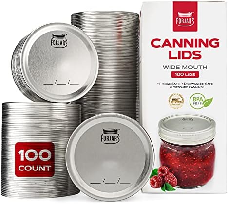 Wide Mouth Canning Lids, 100-Pack – Create Airtight Seals on Mason Jars to Preserve Food for Meal Prep & Emergency Food Storage – 3.4 In. Metal Lids with Silicone Seals – Canning Supplies by FORJARS